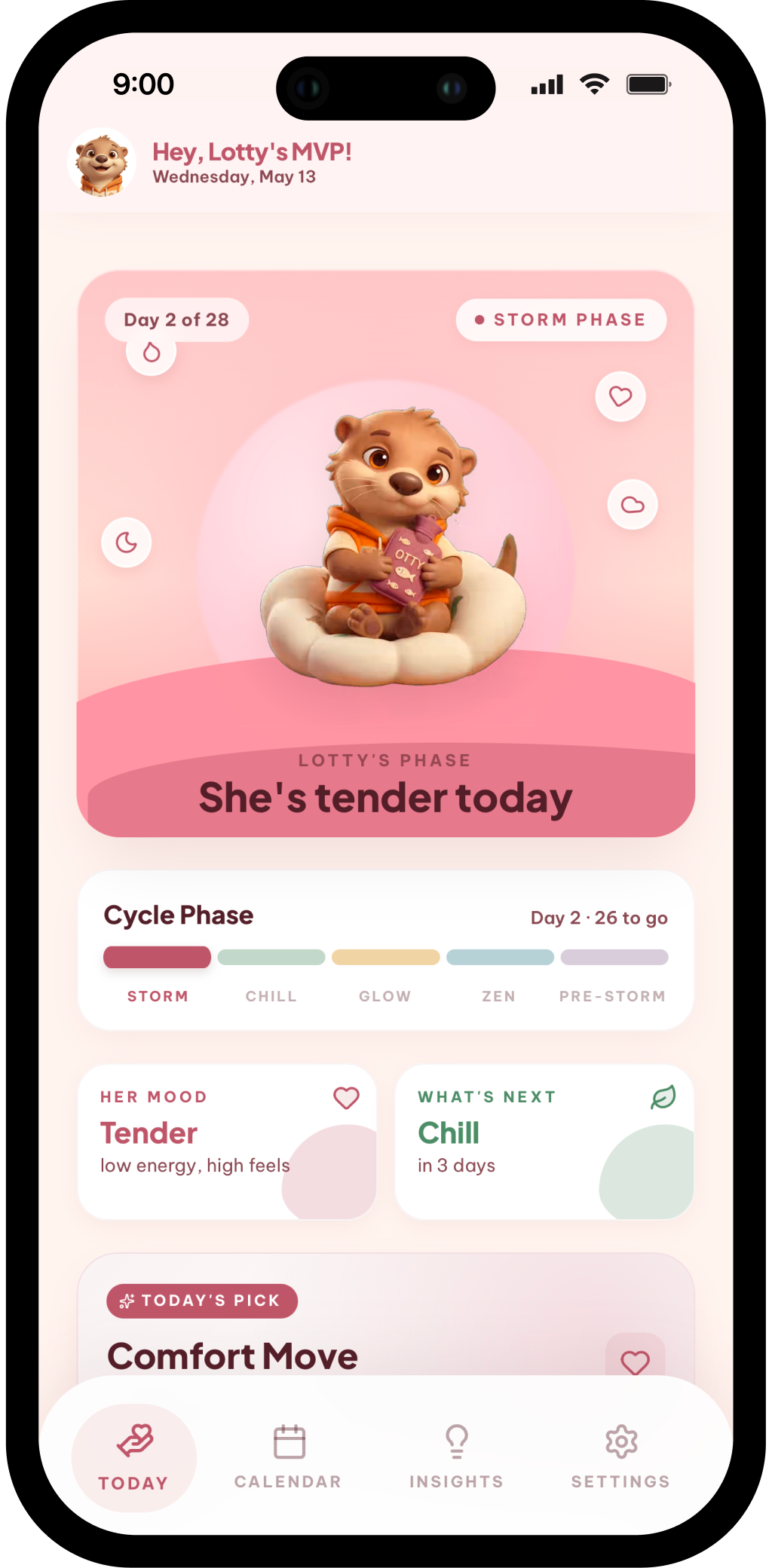 The Otty app showing a shared cycle calendar and today's phase for a partner